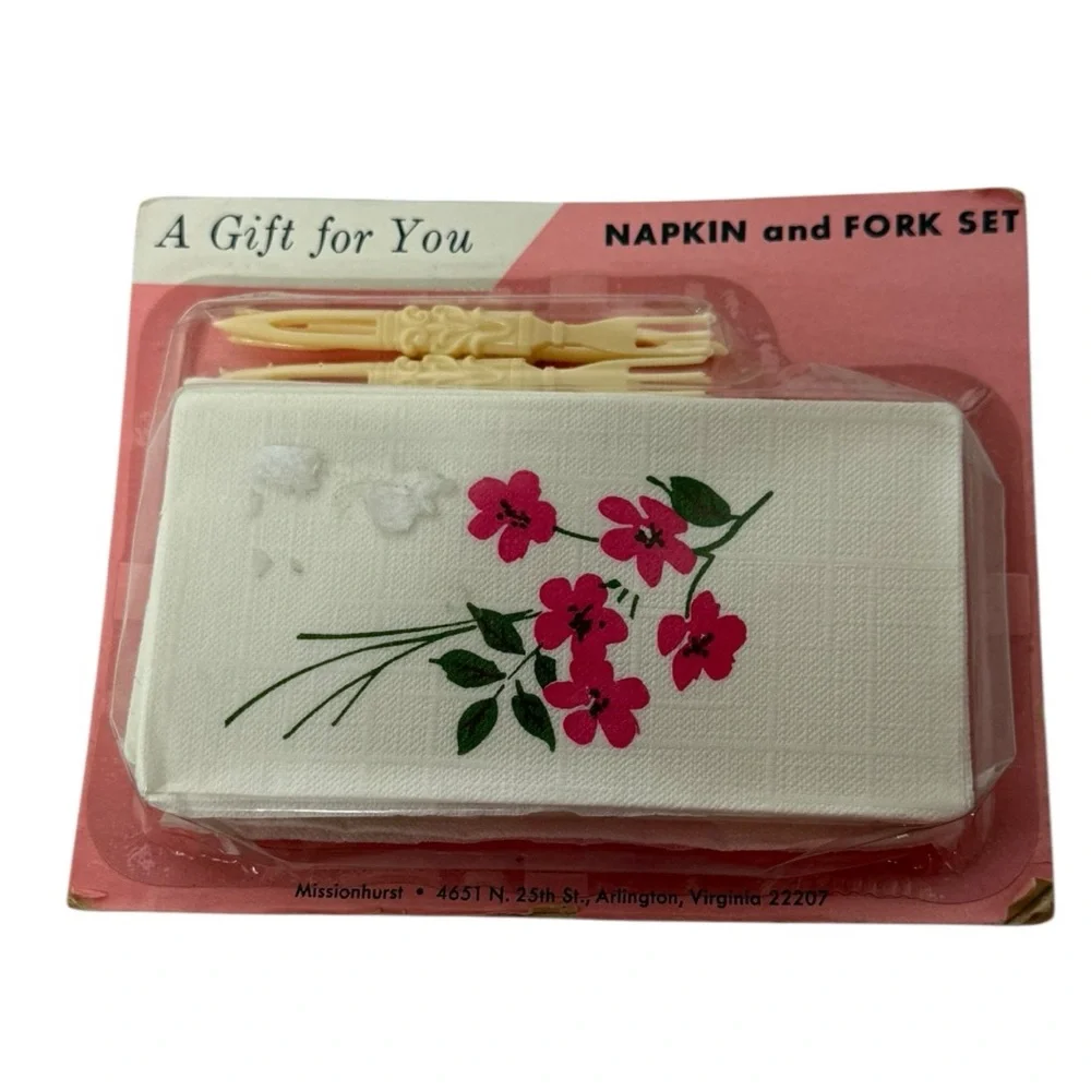 Vintage Floral Paper Napkin & Fork Set Missionhurst Flowers Mid Century Gift